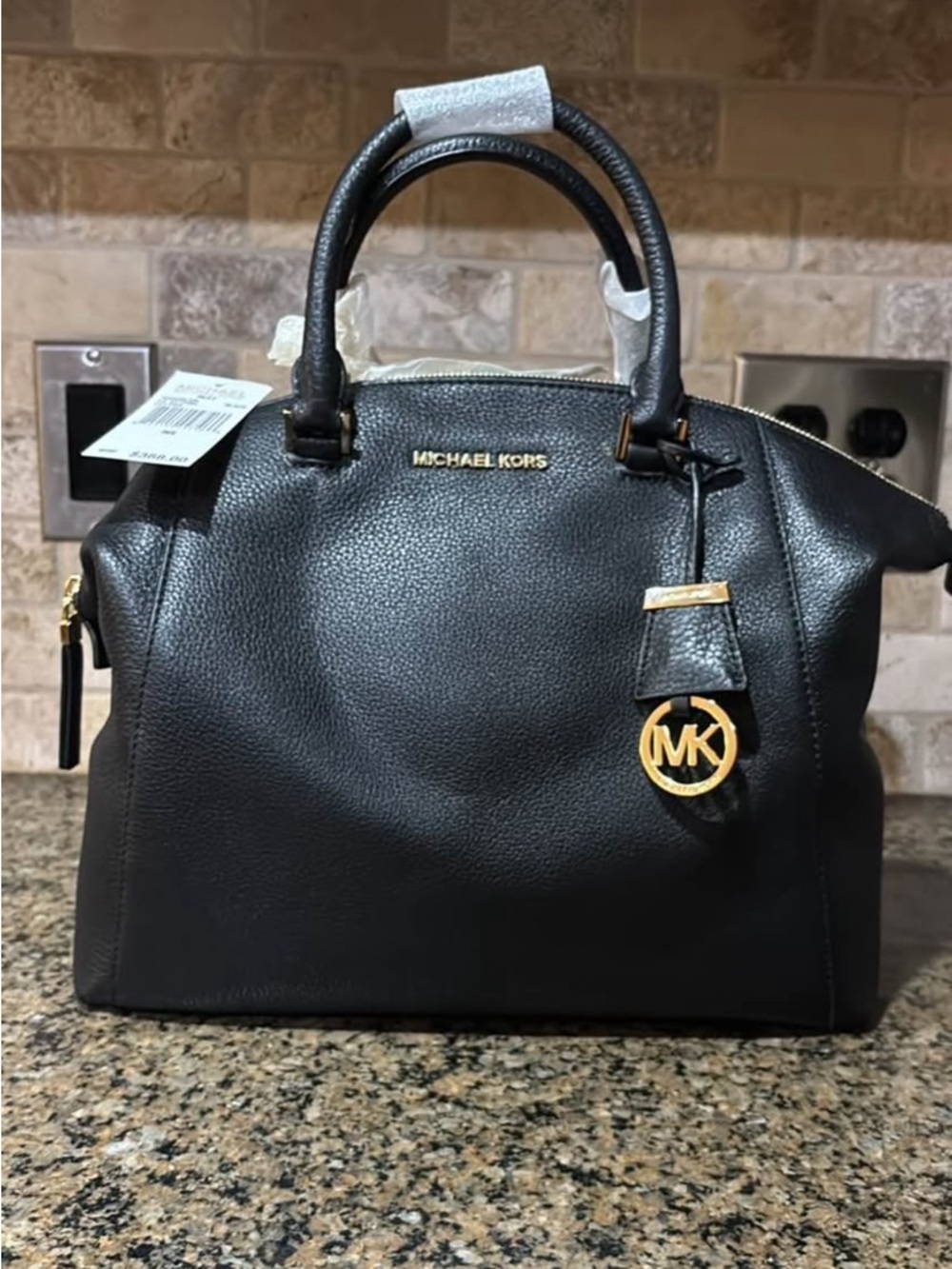 Michael Kors Riley Black Leather Satchel with Gold Logo Charm • NWT